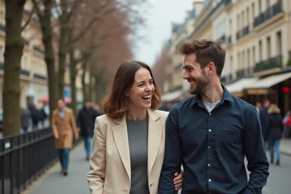 Couple élégant se promenant sur un boulevard parisien au printemps, partageant un moment complice et naturel