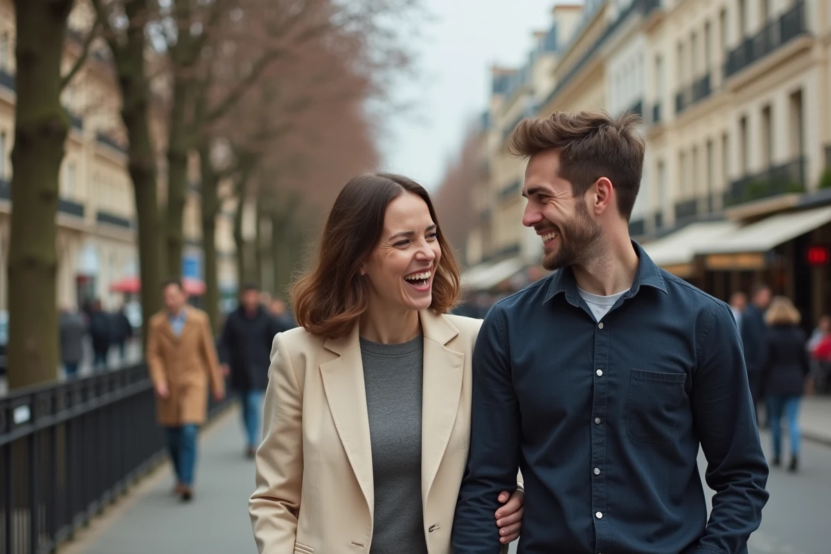 Couple élégant se promenant sur un boulevard parisien au printemps, partageant un moment complice et naturel