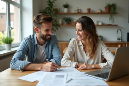 Jeune couple souriant travaillant sur des documents &agrave; la maison
