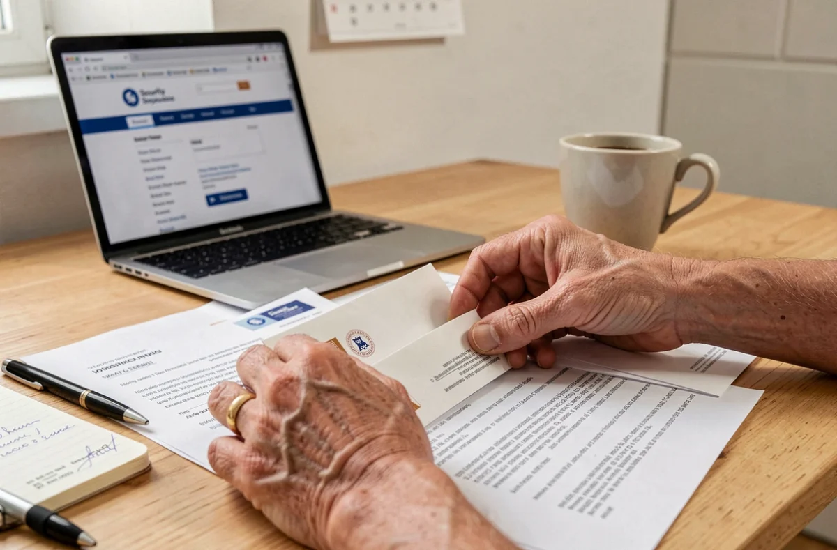 Mains d'une personne âgée triant des courriers administratifs pour déclarer un décès auprès de plusieurs caisses CPAM