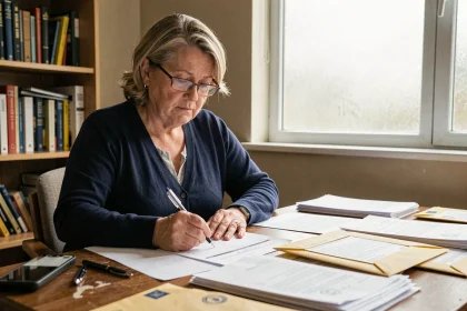 Femme remplissant un formulaire administratif de déclaration de décès à la CPAM à son bureau à domicile