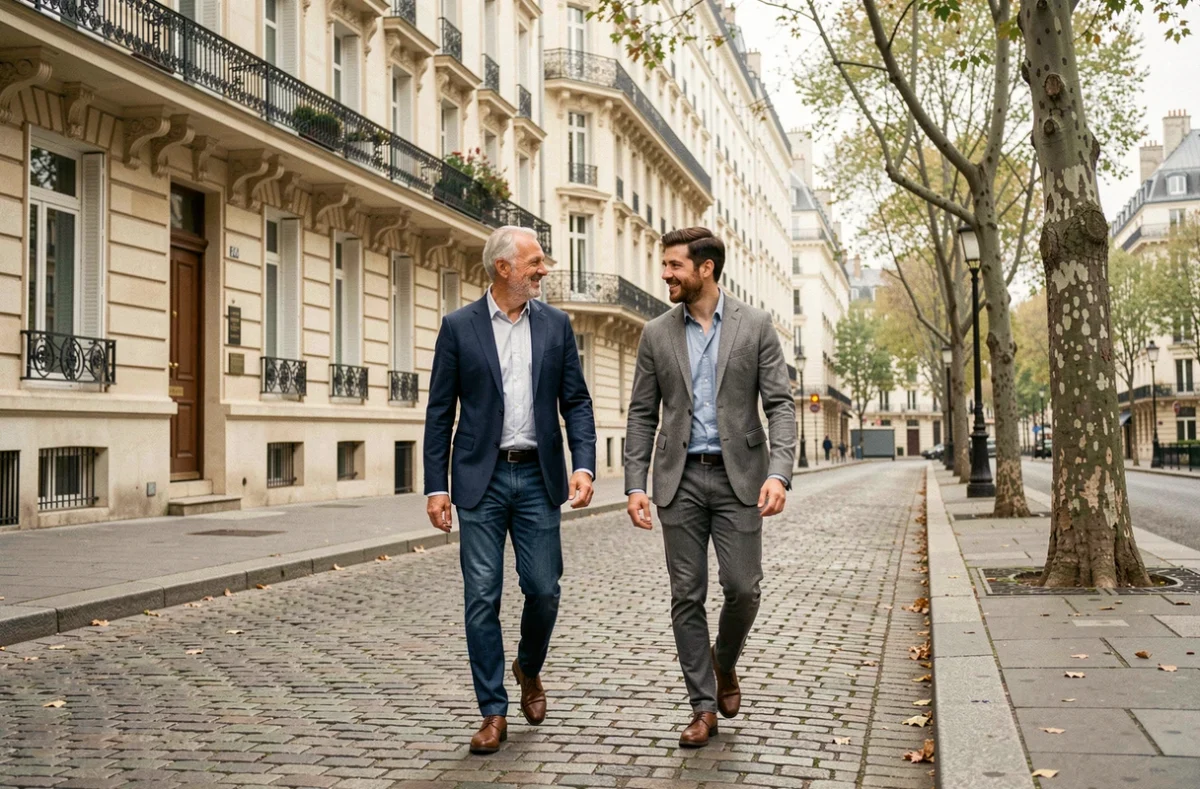 Deux hommes de générations différentes marchant et discutant dans une rue pavée parisienne avec des façades haussmanniennes en arrière-plan