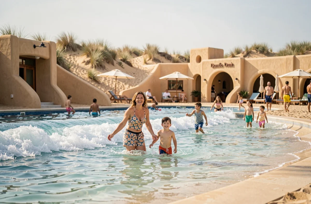 Piscine à vagues et ambiance plage de Dunéo, parc aquatique normand avec architecture inspirée des dunes
