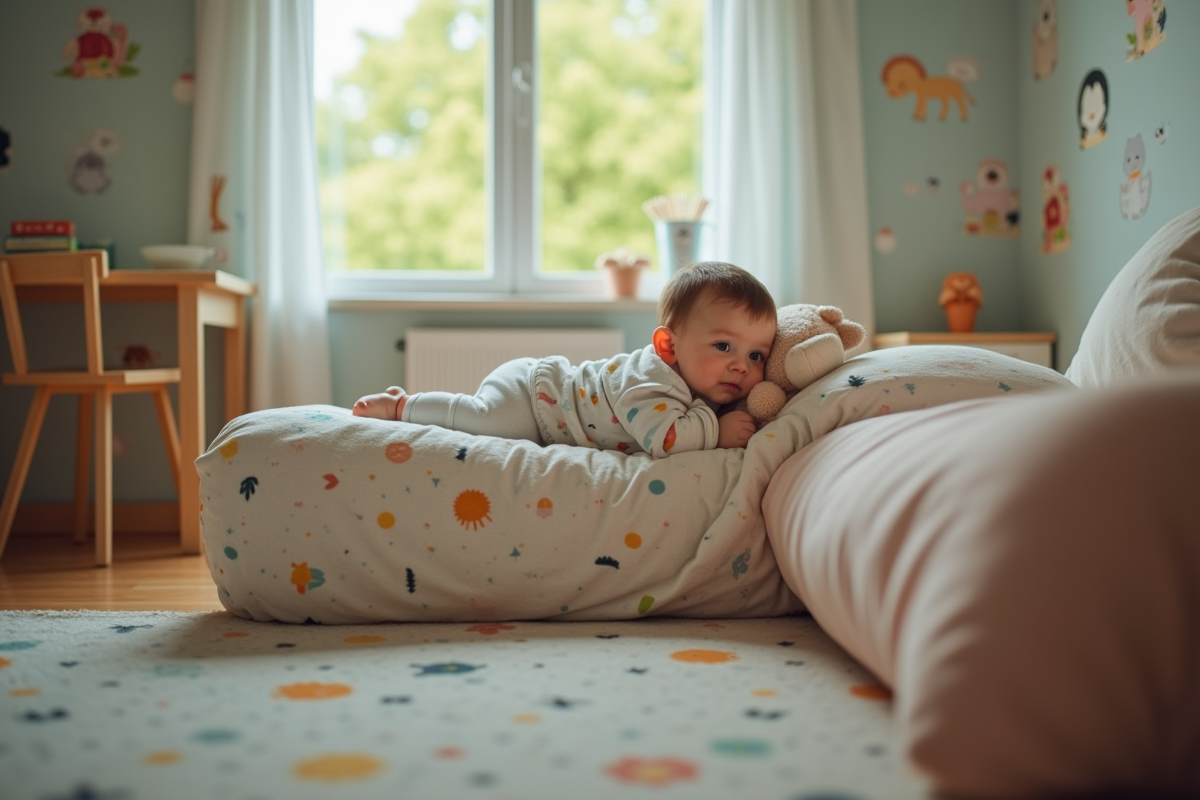 Enfant de 18 mois dans son lit avec un jouet en peluche