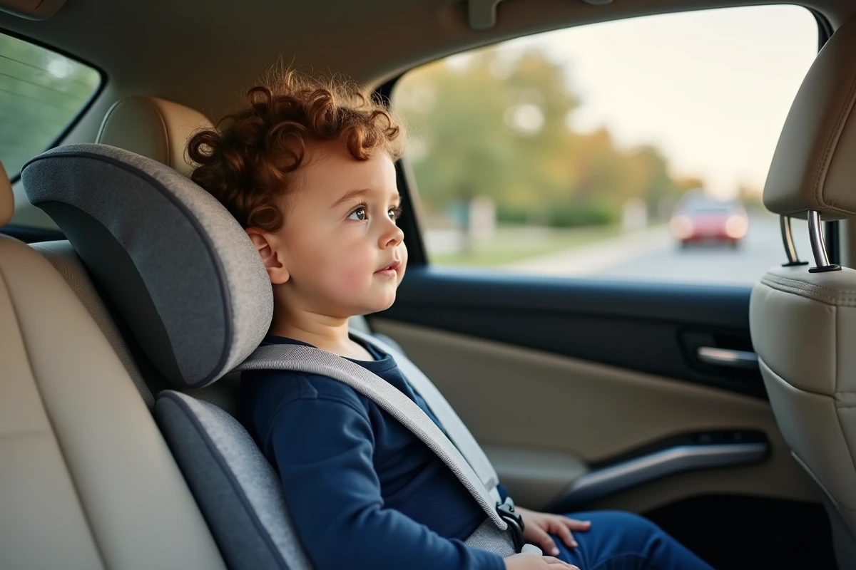 Enfant en bas âge installé dans un siège auto dos à la route avec harnais gris ajusté, intérieur de voiture familiale