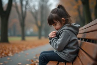 Petite fille pensive assise seule sur un banc en automne, illustrant les moments difficiles de l'enfance