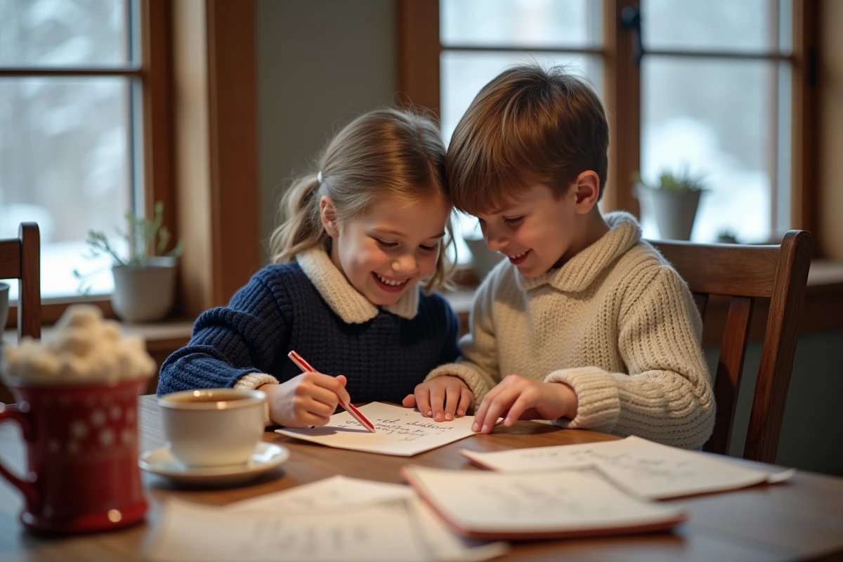 Deux enfants en pull d'hiver pliant leurs lettres au Père Noël dans des enveloppes à table