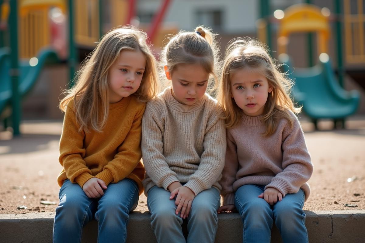 Trois enfants assis sur le sol de la cour de récréation