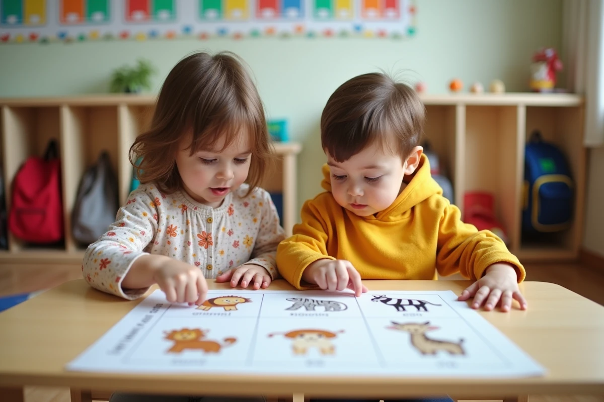 Deux enfants de petite section maternelle nommant des animaux sur une fiche de langage imprimée