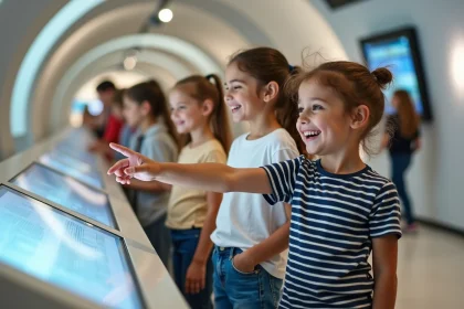 Groupe d'enfants de 6 à 12 ans découvrant une exposition interactive dans un musée parisien abordable
