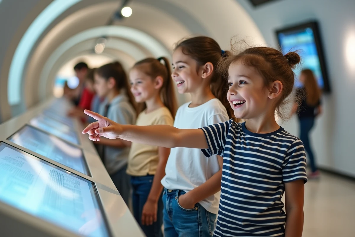 Groupe d'enfants de 6 à 12 ans découvrant une exposition interactive dans un musée parisien abordable
