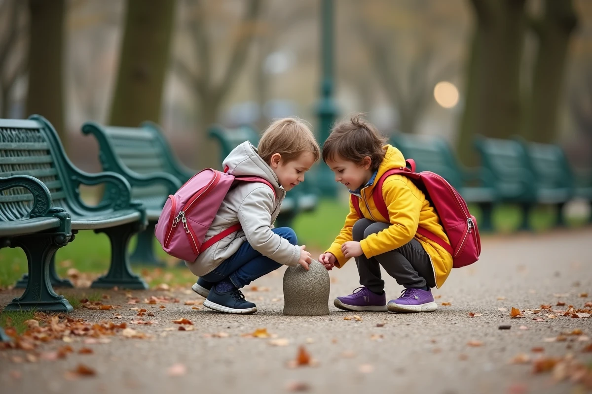 Deux enfants jouant dans un parc public parisien lors d'une sortie en famille économique