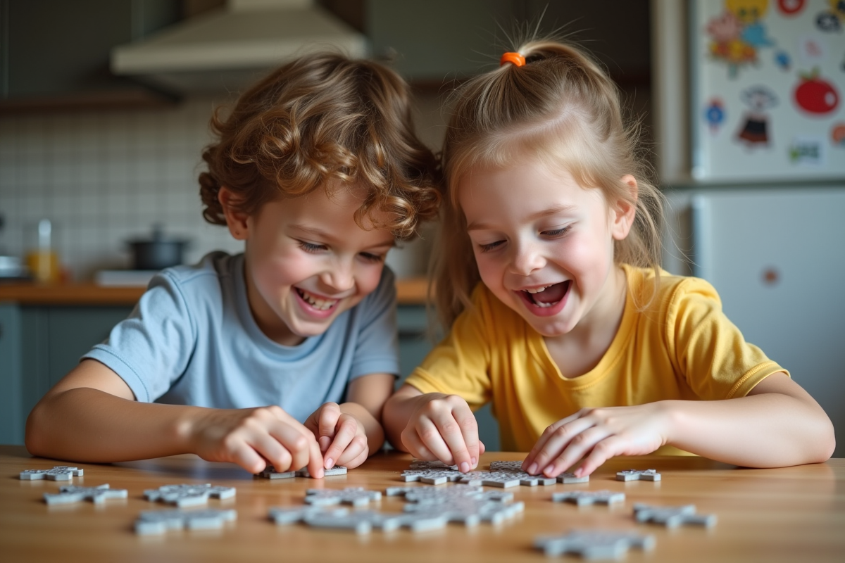Deux enfants jouent à faire un puzzle sur une table de cuisine
