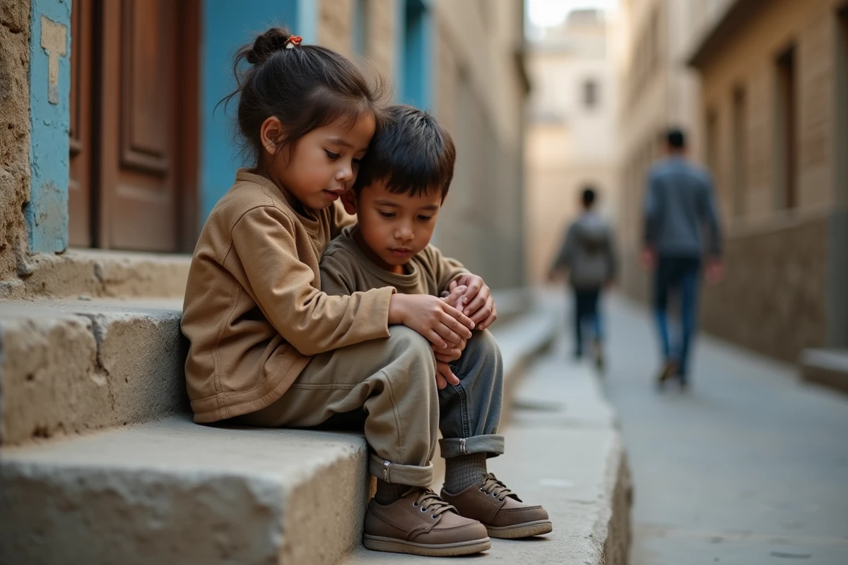 Deux enfants assis ensemble sur des marches en pierre, symbolisant le soutien et la résilience dans les moments difficiles de l'enfance