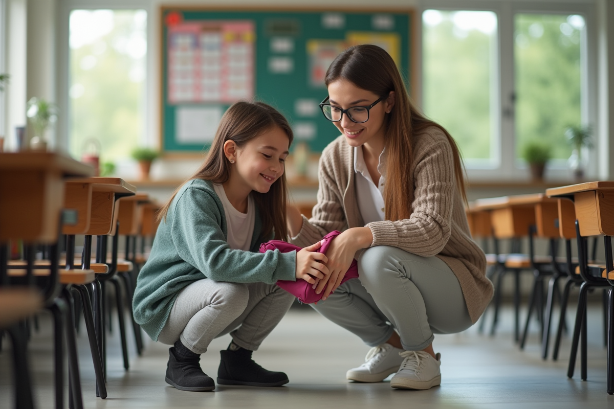 Jeune enseignante aidant une élève dans la classe