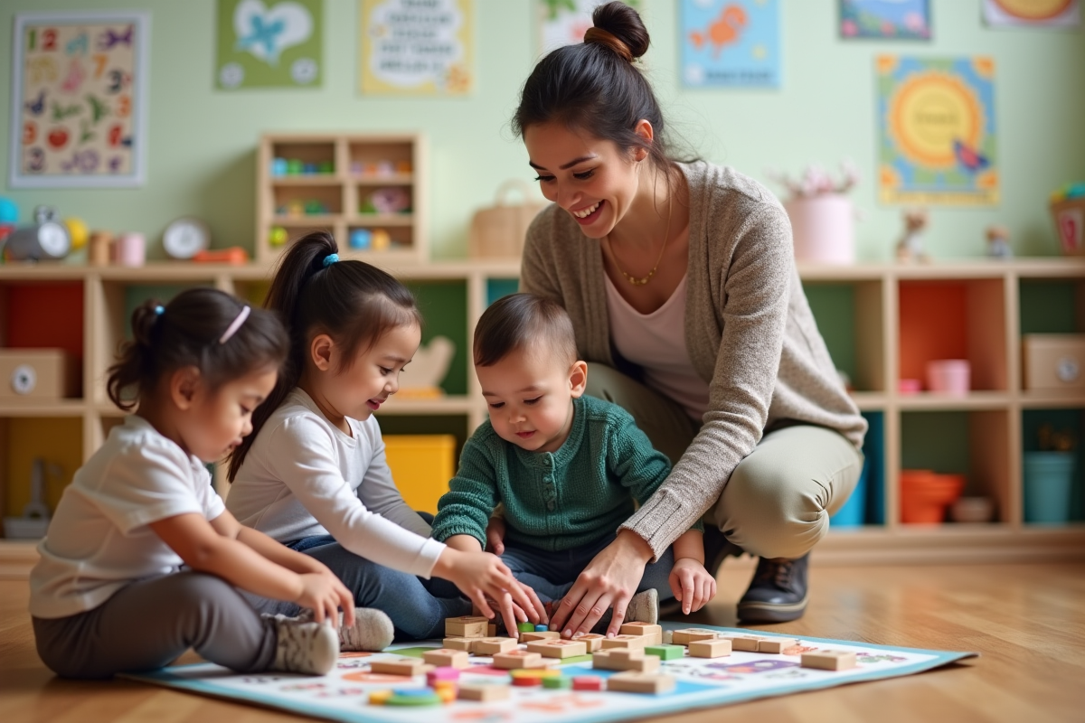 Jeune enseignante aidant deux enfants à faire un puzzle