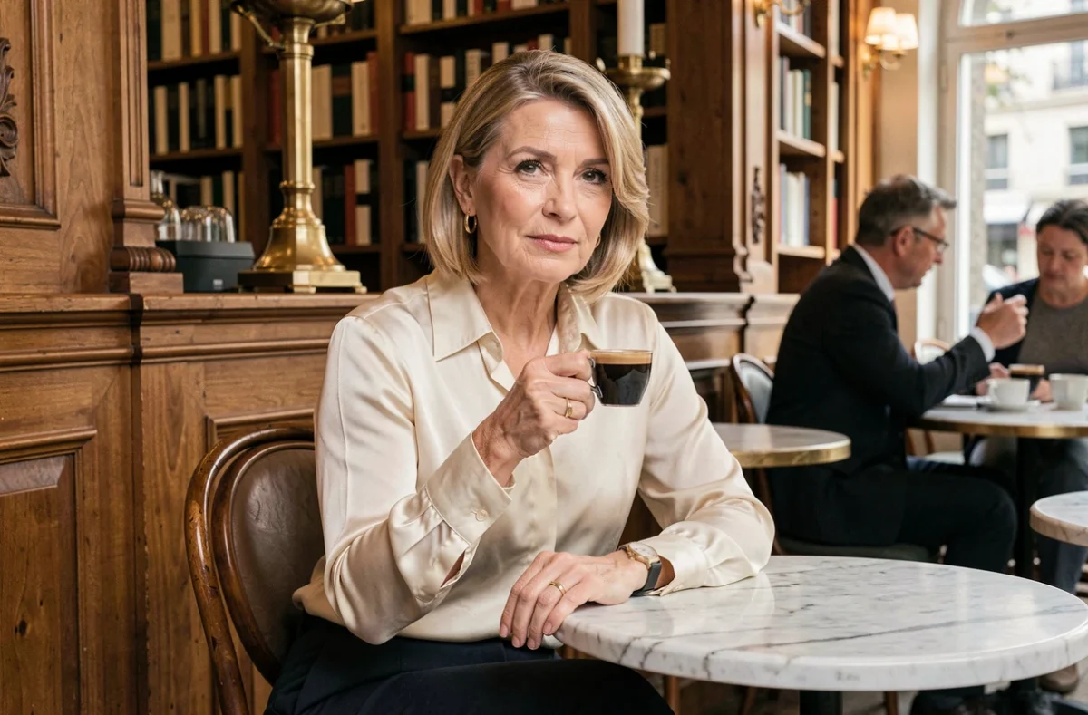 Femme élégante et distinguée dans une brasserie parisienne, portrait illustrant le profil discret de l'épouse d'une figure politique européenne