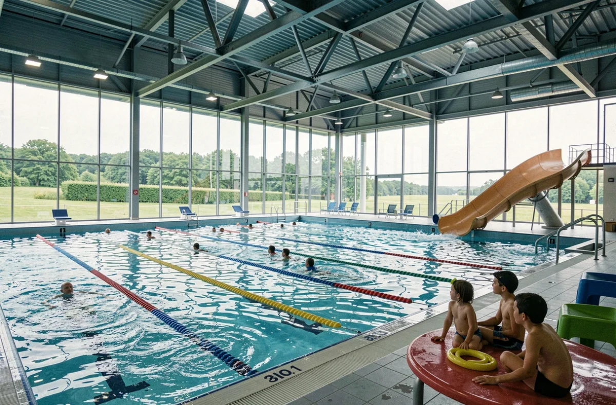 Centre aquatique Eurocéane avec bassin de compétition, espace loisirs et architecture moderne vitrée en Normandie