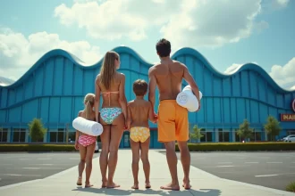 Famille devant l'entrée du Touquet Parc Aquatique en été, prête pour une journée de loisirs aquatiques
