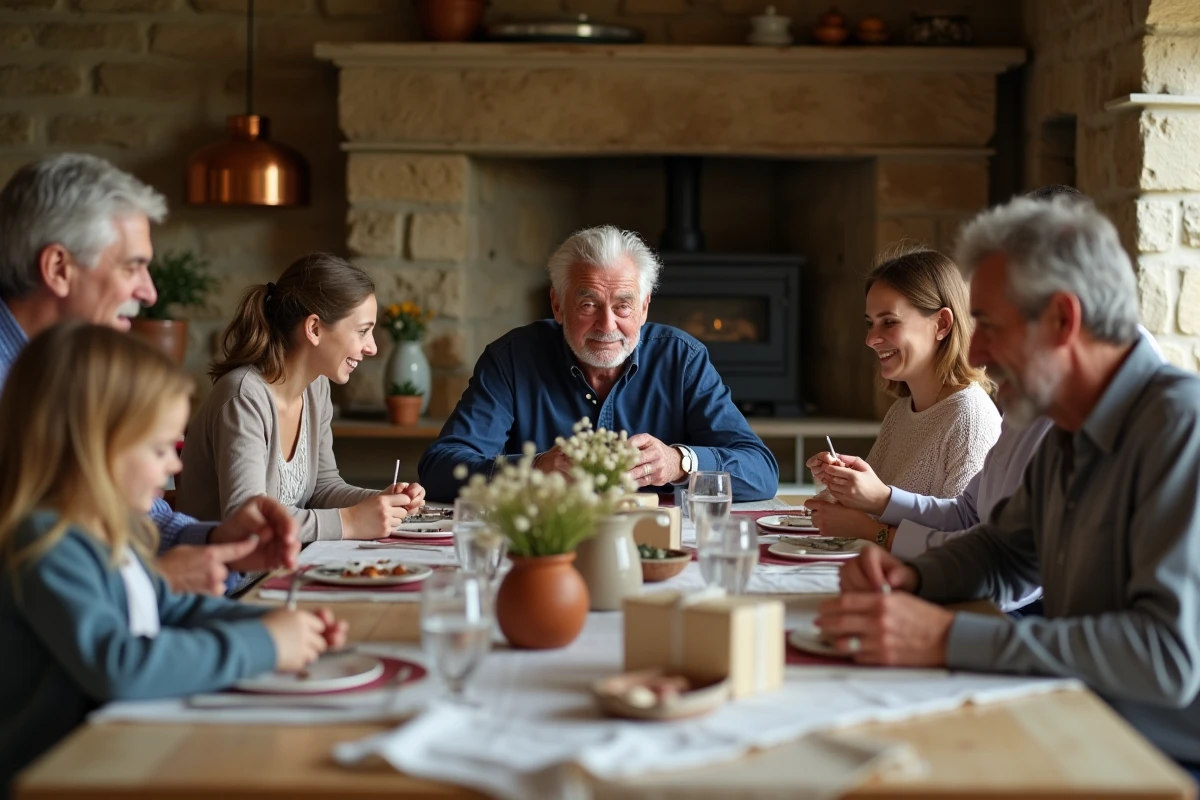 Famille française réunie autour d'une table pour célébrer la fête des grands-pères avec messages et cadeaux faits maison