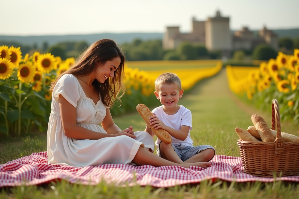 Une famille pique-niquant dans un champ de tournesols près de Carcassonne
