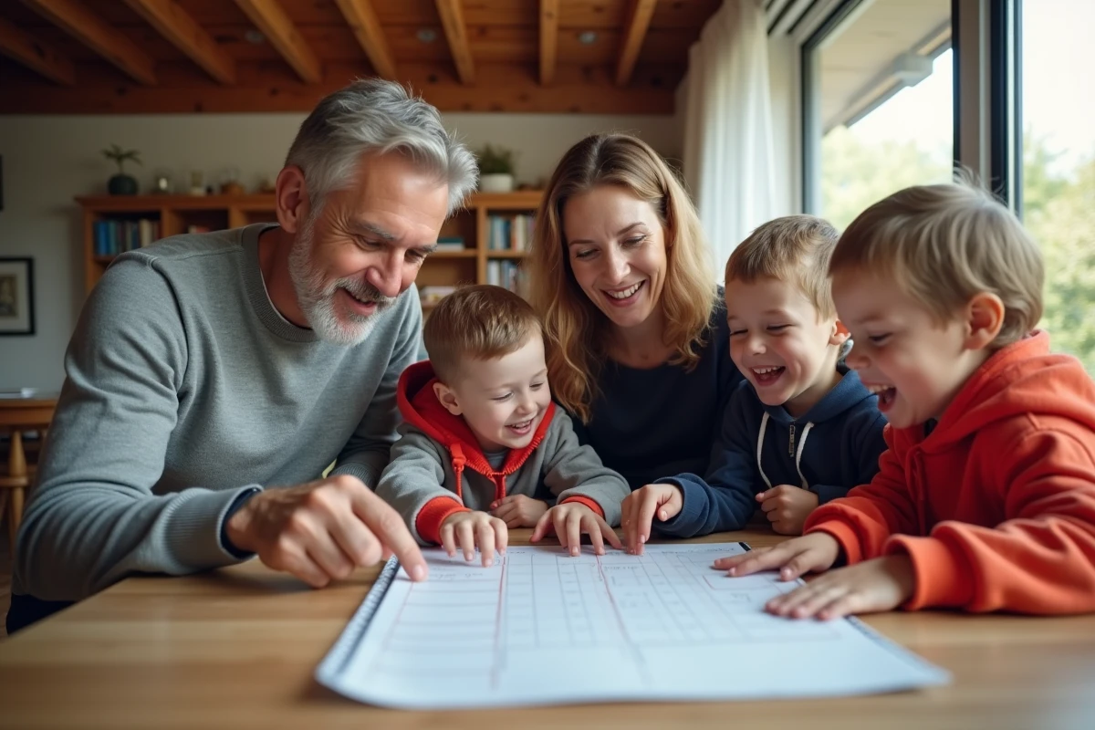 Famille réunie autour d'un planning hebdomadaire organisé en semaines paires et impaires