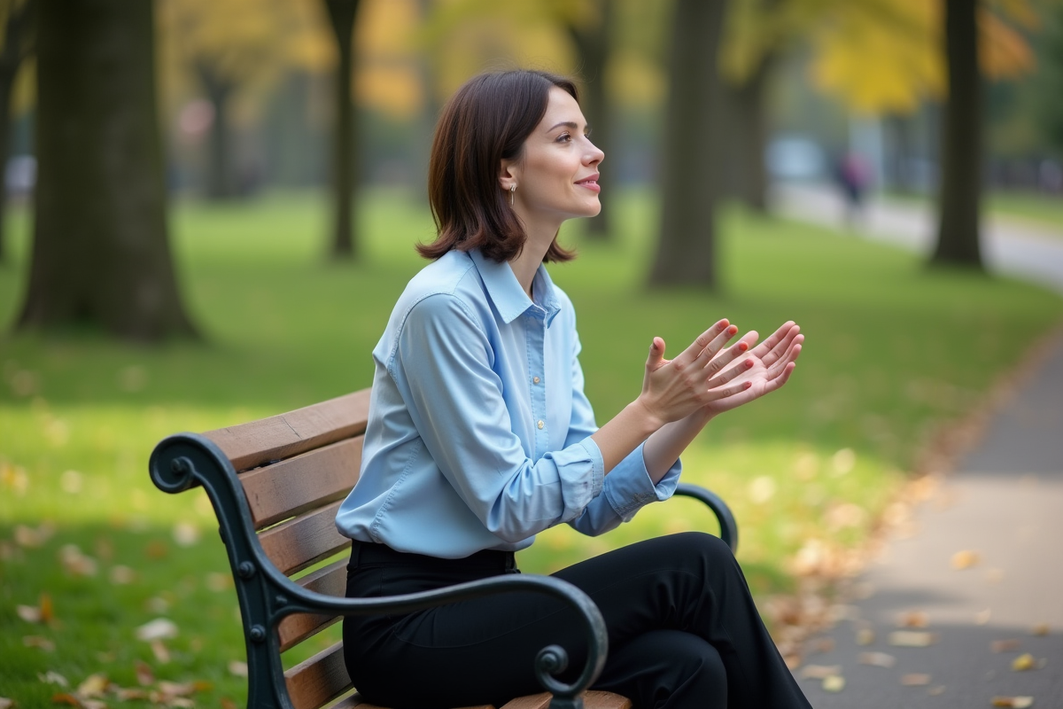 Femme assise dans un parc en train de faire un geste