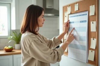 Femme organisant le calendrier familial en semaines paires et impaires dans une cuisine moderne