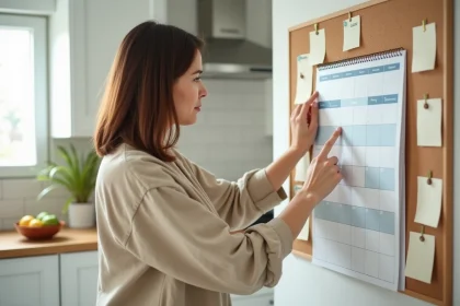 Femme organisant le calendrier familial en semaines paires et impaires dans une cuisine moderne