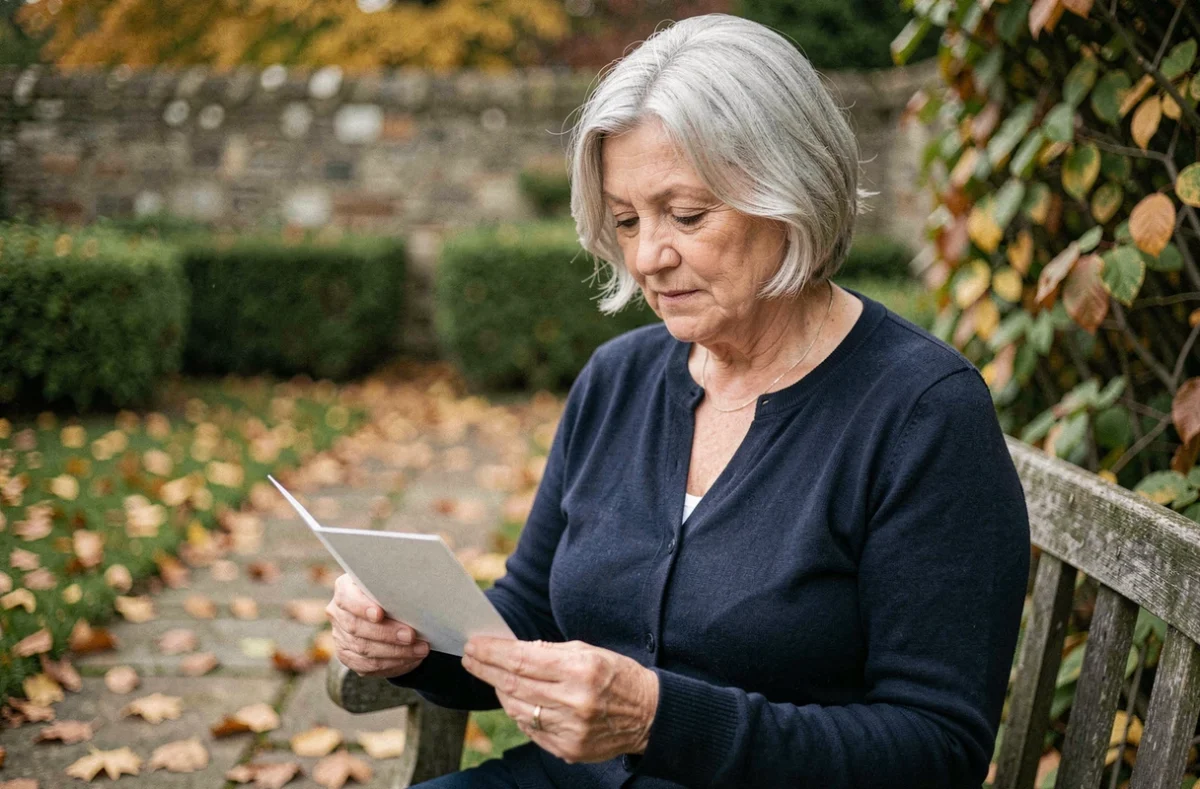 Femme âgée tenant une carte hommage manuscrite dans un jardin en automne, en souvenir de sa tante disparue
