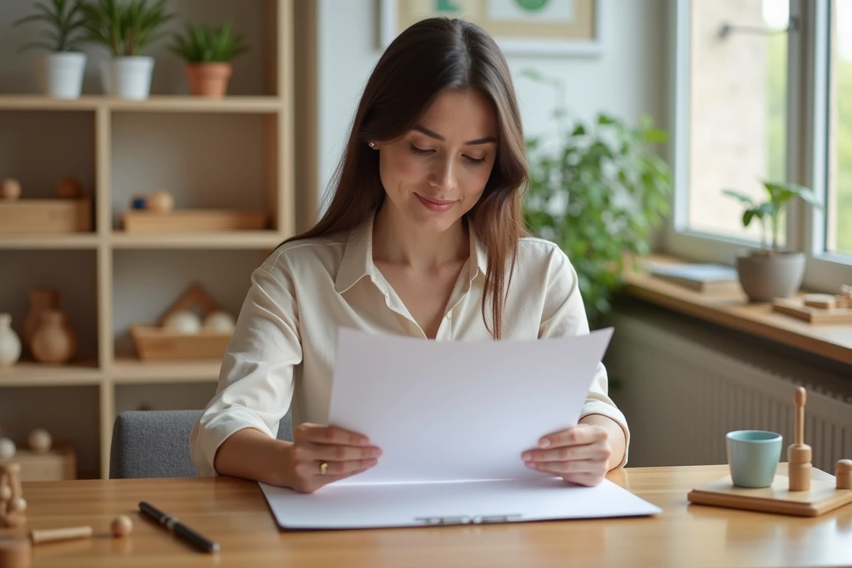 Femme vérifiant un certificat Montessori dans une salle lumineuse