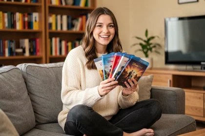 Jeune femme tenant une collection de films Disney et Pixar en Blu-ray sur un canapé gris dans un salon cosy
