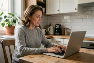 Femme consultant le site de la Caf sur son ordinateur portable depuis son domicile pour obtenir une réponse rapide