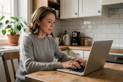 Femme consultant le site de la Caf sur son ordinateur portable depuis son domicile pour obtenir une réponse rapide