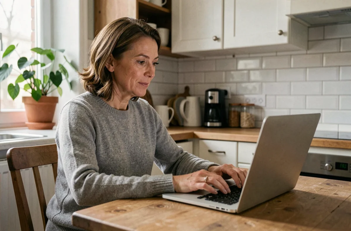 Femme consultant le site de la Caf sur son ordinateur portable depuis son domicile pour obtenir une réponse rapide