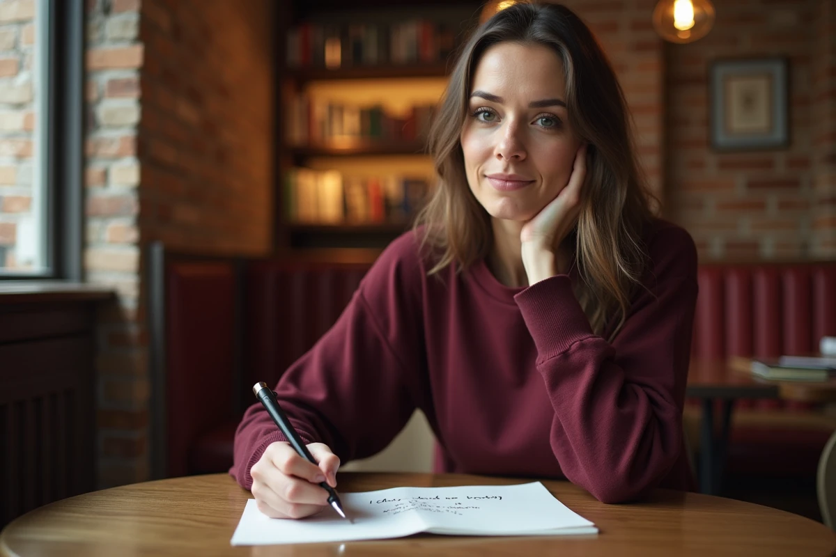 Femme écrivant une lettre touchante à sa meilleure amie dans un café chaleureux avec murs en briques apparentes