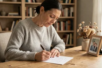 Femme écrivant une phrase personnalisée en hommage à sa tante décédée, assise à un bureau en bois avec une lettre manuscrite et une photographie de famille