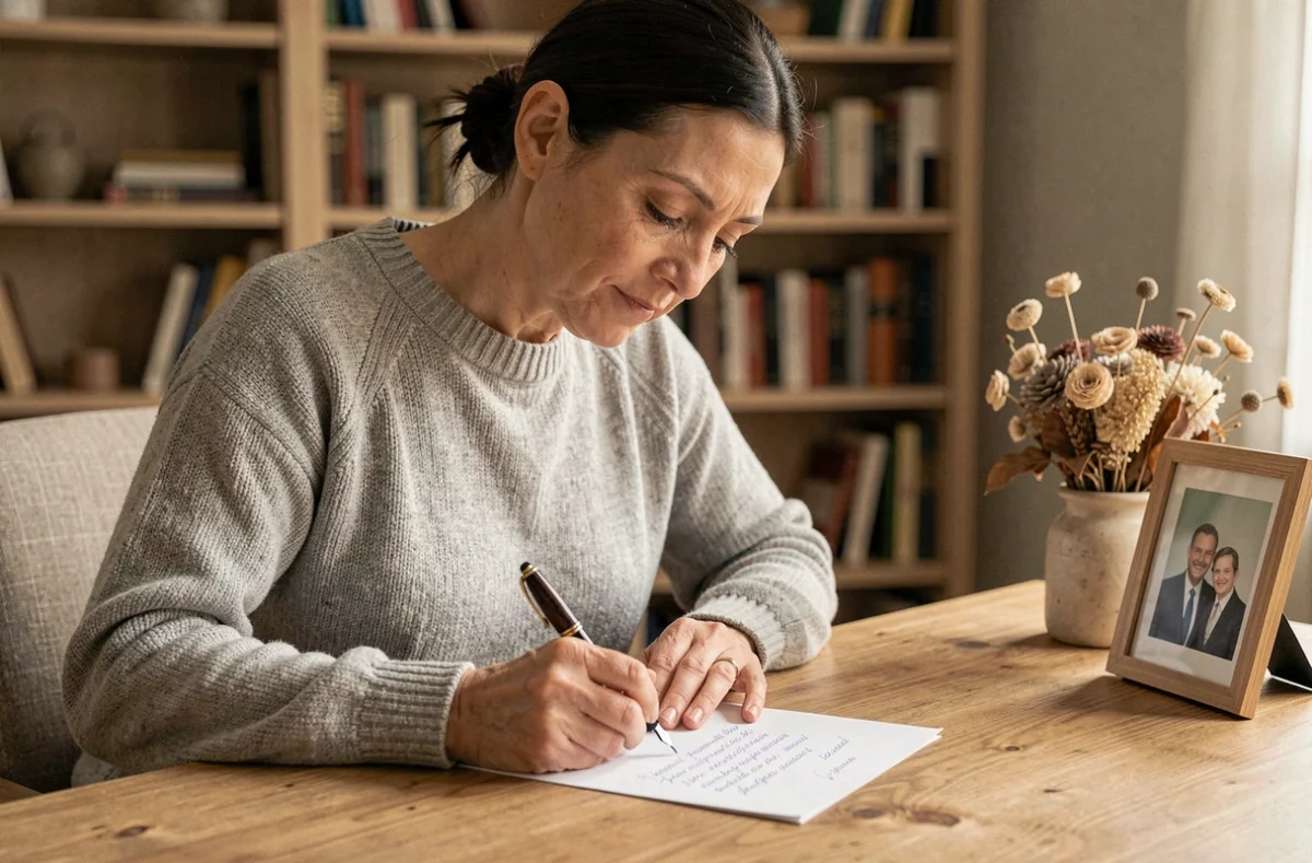 Femme écrivant une phrase personnalisée en hommage à sa tante décédée, assise à un bureau en bois avec une lettre manuscrite et une photographie de famille