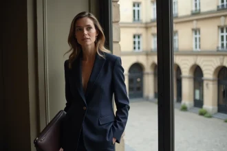 Femme élégante française en veste marine devant une fenêtre parisienne, expression discrète et posée