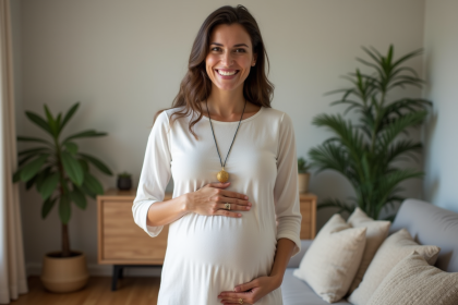 Femme enceinte souriante portant bola de grossesse dans un salon