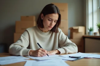 Femme remplissant un formulaire administratif de RSA majoré dans un appartement après un déménagement