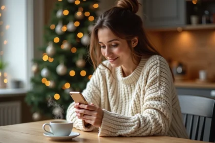 Femme en pull tricoté utilisant une application de liste de Noël sur smartphone dans une cuisine chaleureuse décorée pour les fêtes