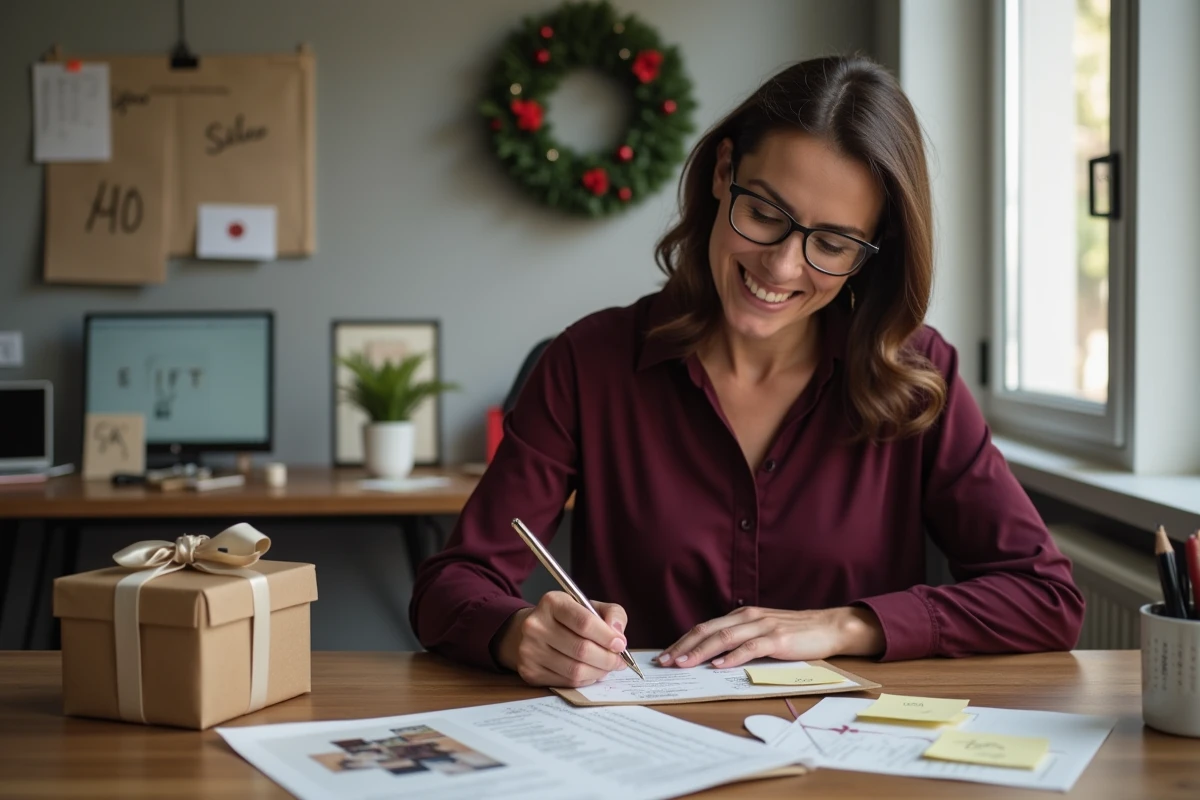 Femme organisée rédigeant une liste de cadeaux de Noël manuscrite à son bureau avec des notes et références imprimées