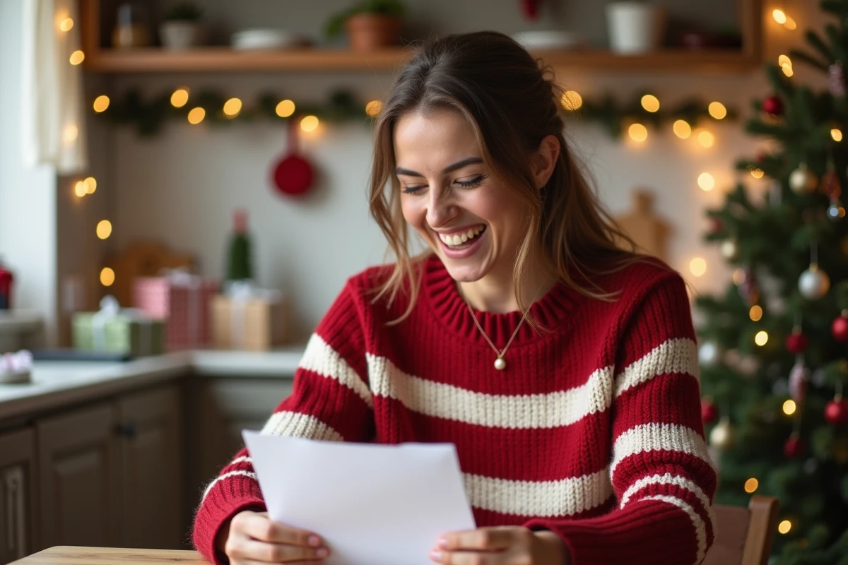 Femme joyeuse lisant une lettre de lutin farceur imprimée pour Noël dans une cuisine décorée de guirlandes