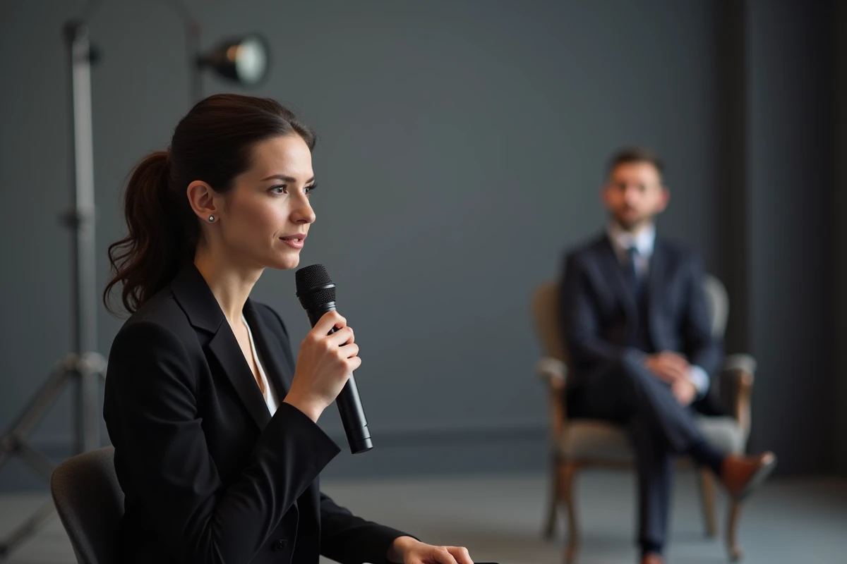Femme journaliste ou personnalité médiatique prenant la parole sur un plateau de télévision pendant qu'un homme l'observe en arrière-plan