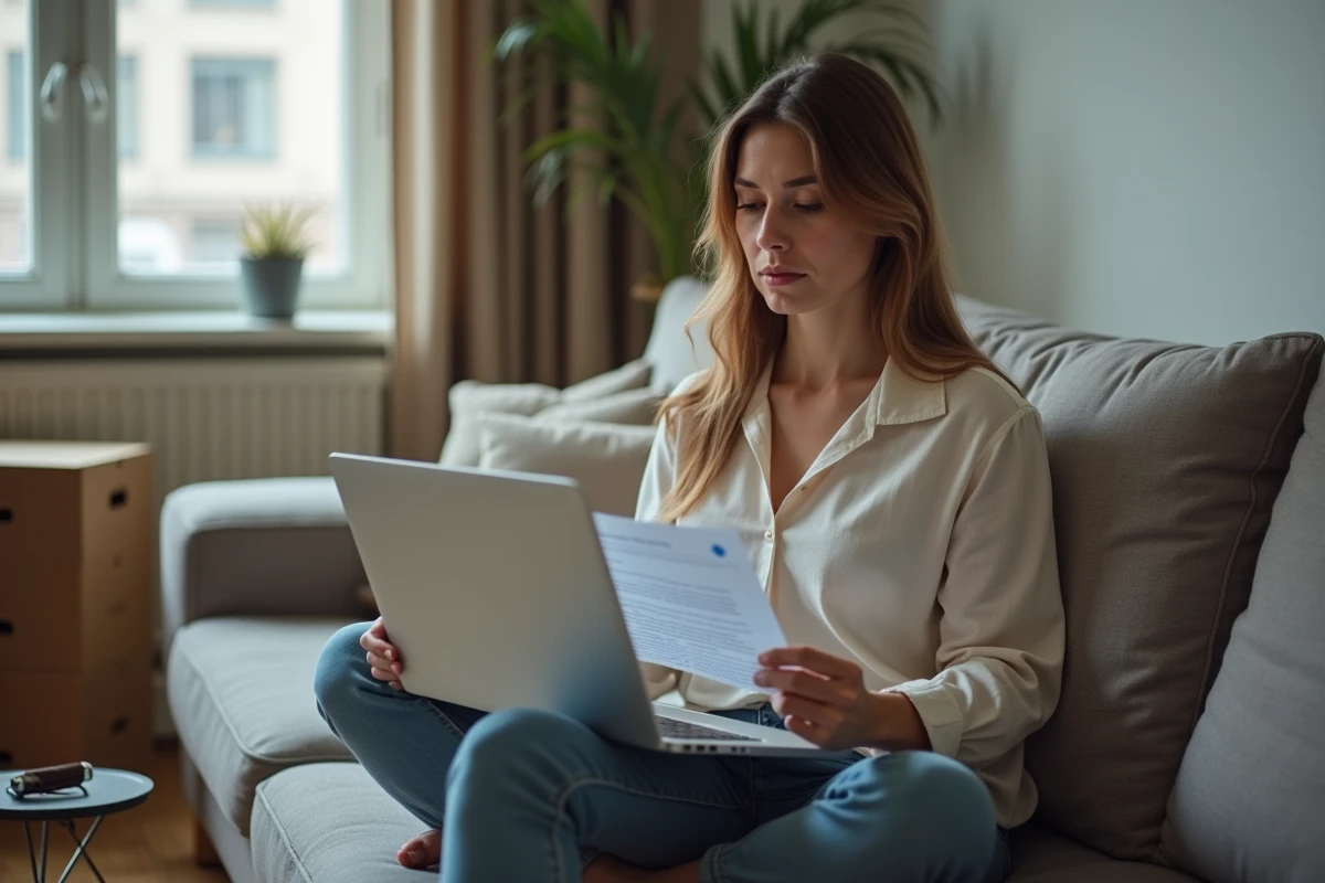 Femme consultant le site de la CAF sur son ordinateur portable pour gérer son RSA majoré après déménagement