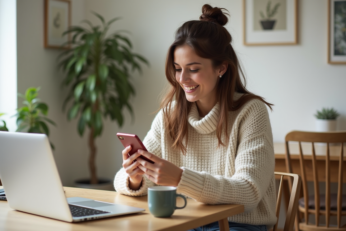 Jeune femme souriante mettant à jour un agenda sur smartphone à la maison