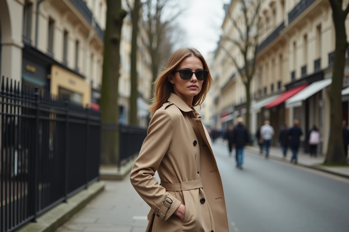 Femme parisienne en trench coat beige marchant discrètement dans une rue chic, évitant les regards