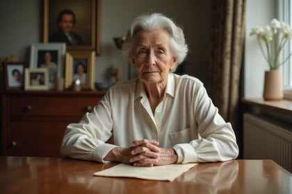 Femme d'&acirc;ge moyen tenant un po&egrave;me &eacute;crit &agrave; la main