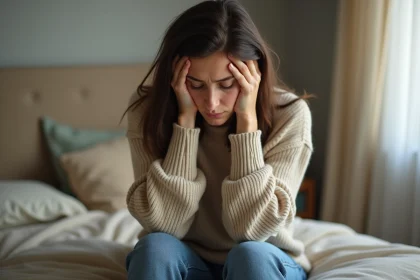 Femme pensant dans un salon familial modeste